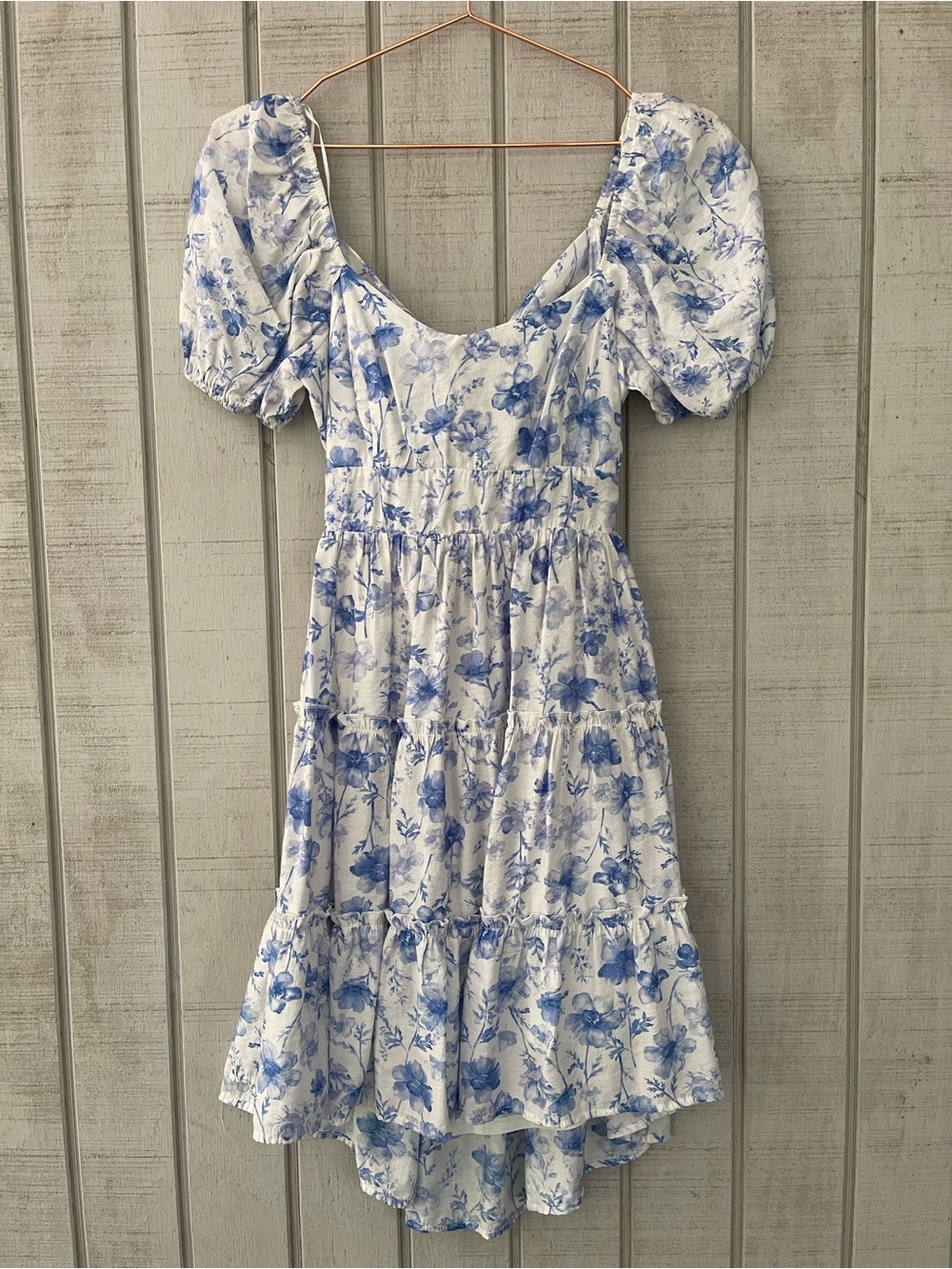 Mine White Blue Floral Puff Sleeve Open Back Mini Dress Small Cottagecore